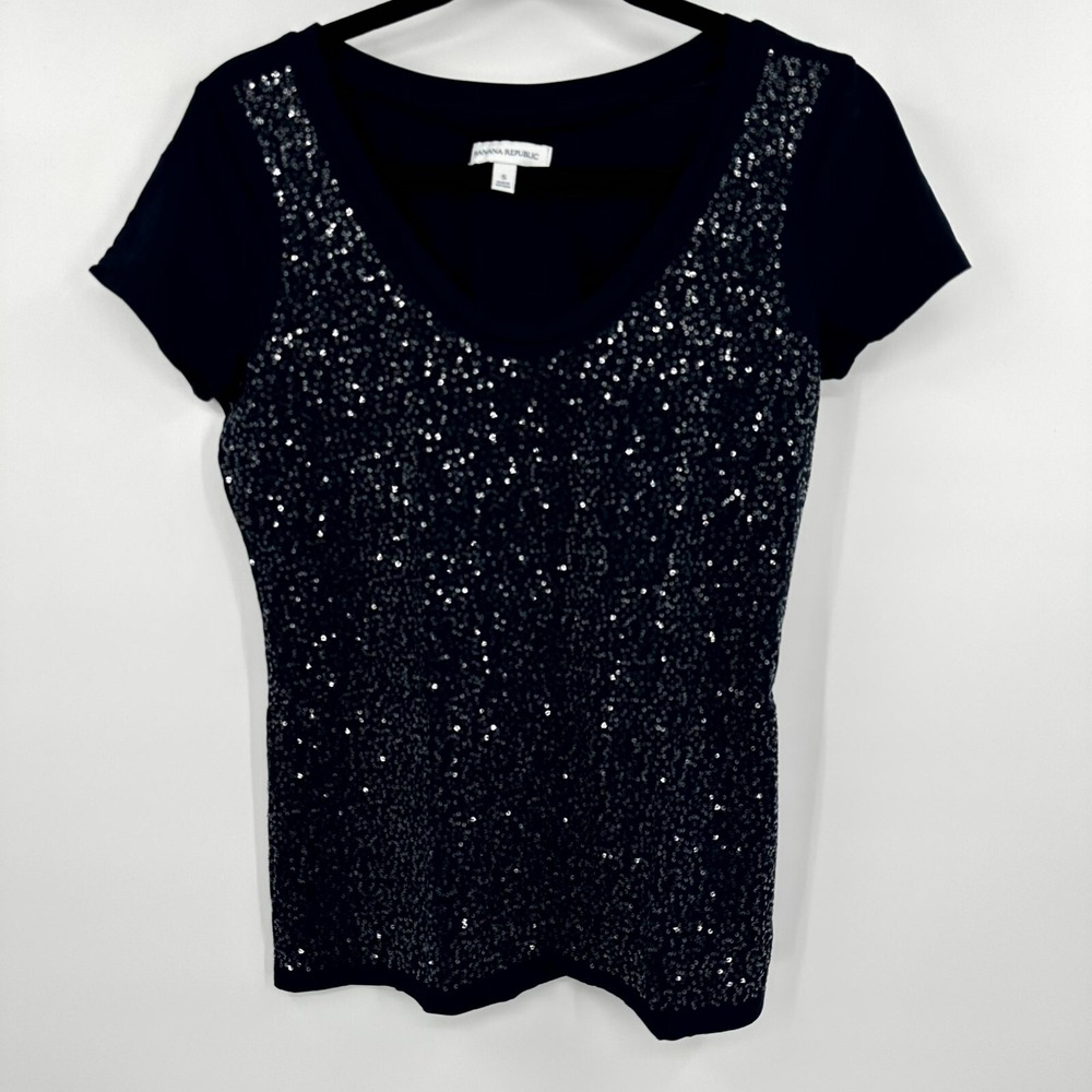 Banana Republic Blouse Top Women Small Blue Stretch Sequin Short Sleeve Pullover